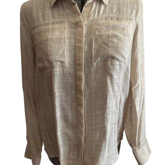 Lucky Brand Beige Button-Down Shirt S/P Viscose & Modal Long Sleeve Striped - Picture 1 of 7